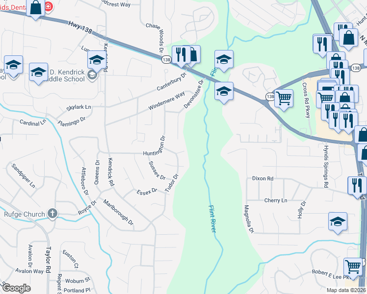 map of restaurants, bars, coffee shops, grocery stores, and more near 8125 Devonshire Drive in Jonesboro