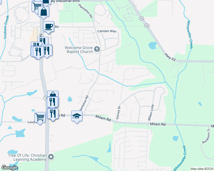 map of restaurants, bars, coffee shops, grocery stores, and more near 117 Meadow Court in Fairburn