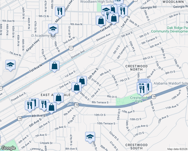 map of restaurants, bars, coffee shops, grocery stores, and more near 5117 5th Avenue South in Birmingham