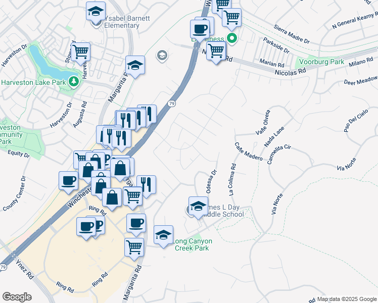 map of restaurants, bars, coffee shops, grocery stores, and more near 40170 Roripaugh Road in Temecula