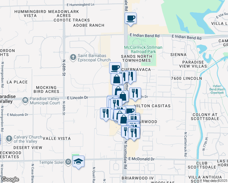 map of restaurants, bars, coffee shops, grocery stores, and more near 7100 East Lincoln Drive in Paradise Valley