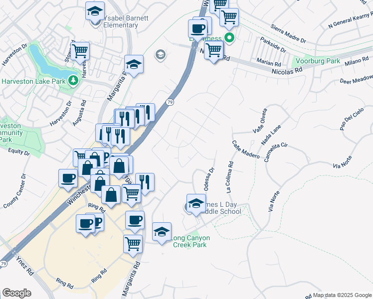 map of restaurants, bars, coffee shops, grocery stores, and more near 40170 Roripaugh Road in Temecula