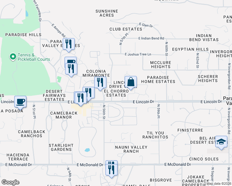 map of restaurants, bars, coffee shops, grocery stores, and more near 6587 North Lost Dutchman Road in Paradise Valley