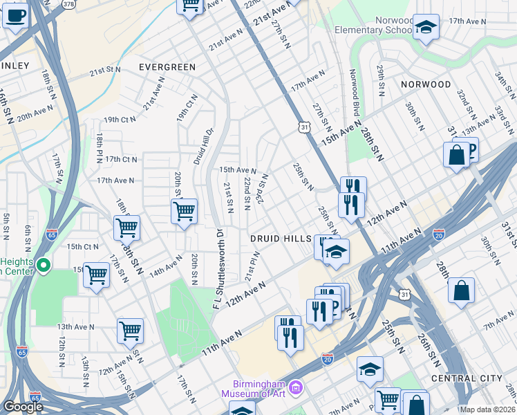 map of restaurants, bars, coffee shops, grocery stores, and more near 1420 23rd Street North in Birmingham