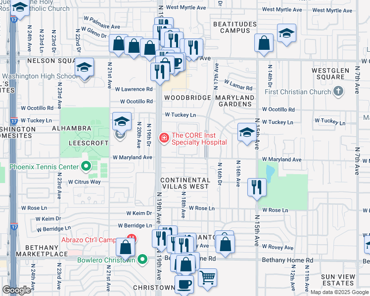 map of restaurants, bars, coffee shops, grocery stores, and more near 1802 West Maryland Avenue in Phoenix