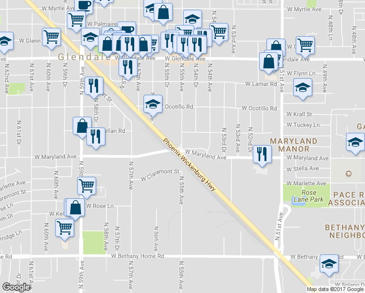 map of restaurants, bars, coffee shops, grocery stores, and more near in Glendale