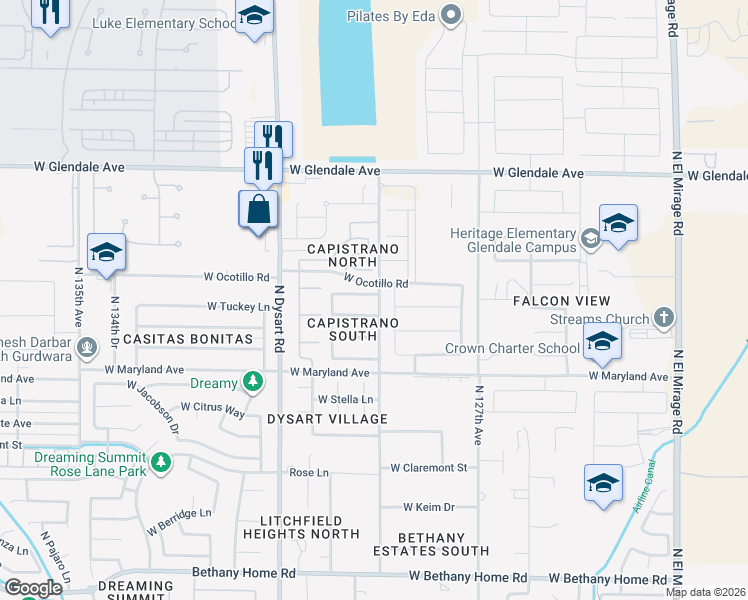 map of restaurants, bars, coffee shops, grocery stores, and more near 12903 West Krall Street in Glendale