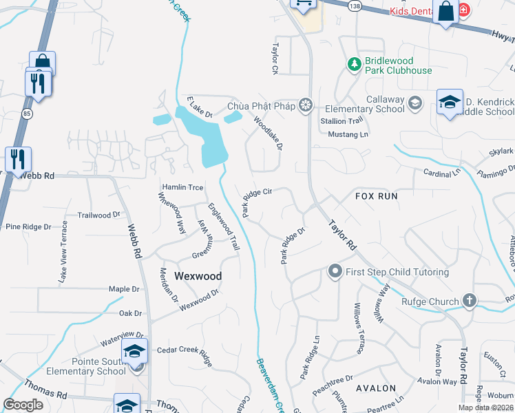 map of restaurants, bars, coffee shops, grocery stores, and more near 390 Park Ridge Circle in Riverdale