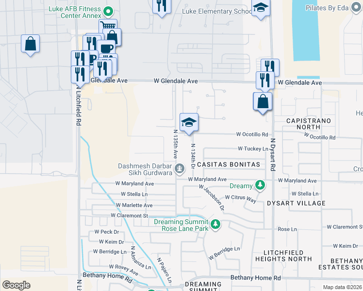 map of restaurants, bars, coffee shops, grocery stores, and more near 13419 West Ocotillo Road in Glendale