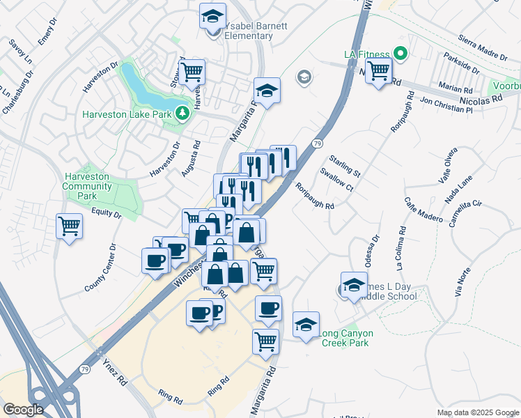 map of restaurants, bars, coffee shops, grocery stores, and more near 40325 California 79 in Temecula