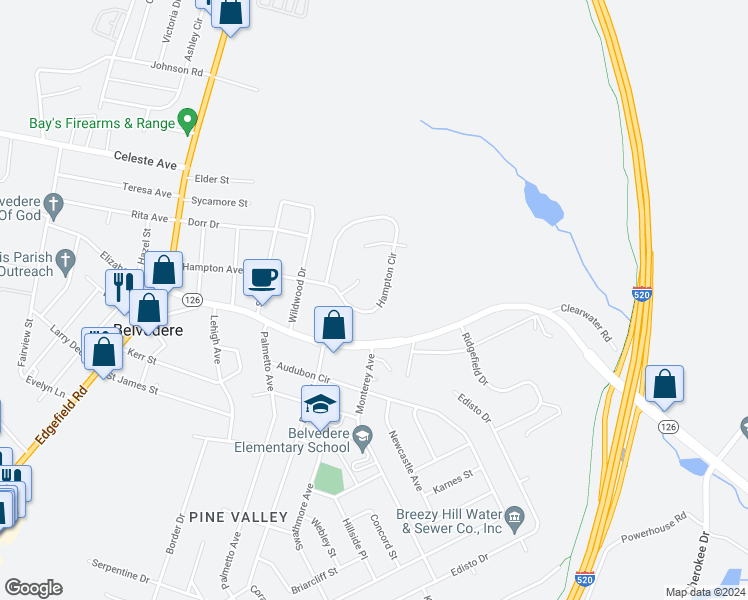 map of restaurants, bars, coffee shops, grocery stores, and more near 625 Hampton Circle in North Augusta