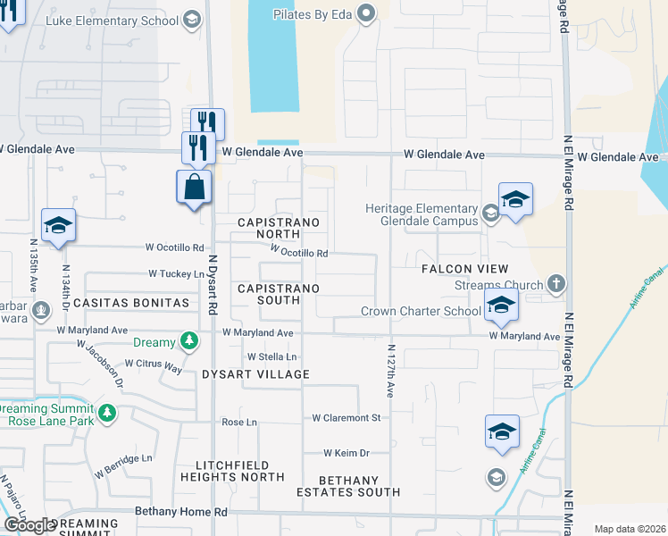 map of restaurants, bars, coffee shops, grocery stores, and more near 12826 West Tuckey Lane in Glendale