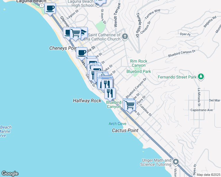 map of restaurants, bars, coffee shops, grocery stores, and more near Glenneyre Street in Laguna Beach