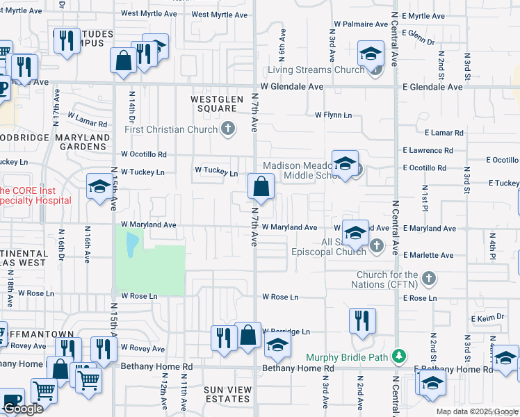 map of restaurants, bars, coffee shops, grocery stores, and more near 6533 North 7th Avenue in Phoenix