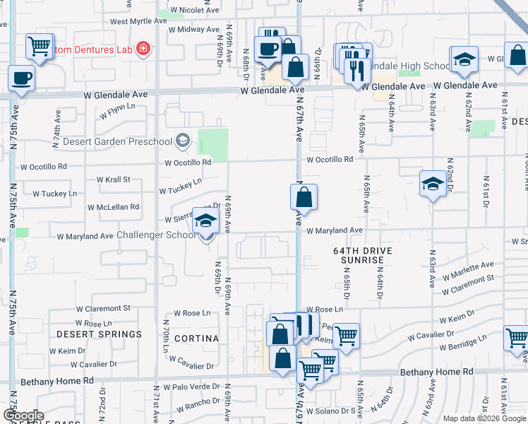 map of restaurants, bars, coffee shops, grocery stores, and more near 6856 West Maryland Avenue in Glendale