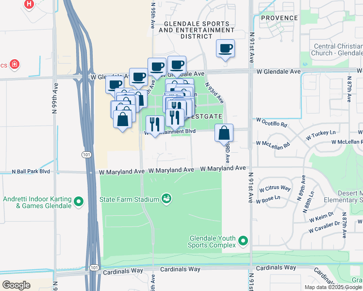 map of restaurants, bars, coffee shops, grocery stores, and more near 9400 West Maryland Avenue in Glendale
