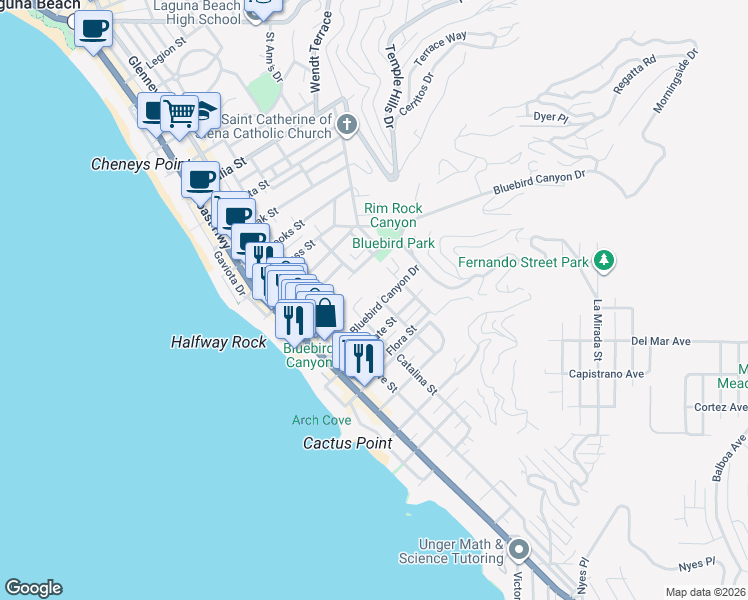 map of restaurants, bars, coffee shops, grocery stores, and more near 480 Bluebird Canyon Drive in Laguna Beach