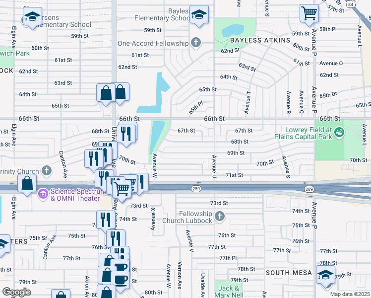 map of restaurants, bars, coffee shops, grocery stores, and more near 2120 69th Street in Lubbock