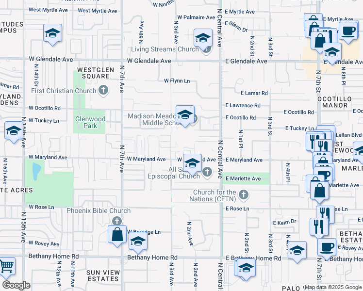 map of restaurants, bars, coffee shops, grocery stores, and more near 126 West Maryland Avenue in Phoenix
