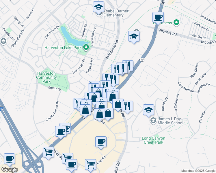 map of restaurants, bars, coffee shops, grocery stores, and more near 40365 Winchester Rd in Temecula