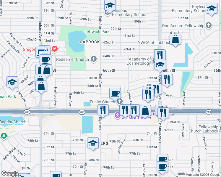 map of restaurants, bars, coffee shops, grocery stores, and more near 6801 Detroit Ave in Lubbock