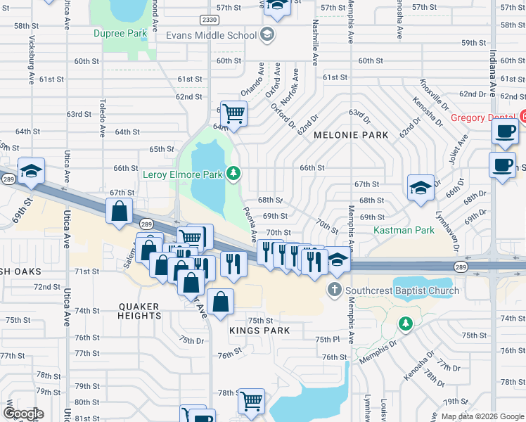 map of restaurants, bars, coffee shops, grocery stores, and more near 4203 68th Street in Lubbock
