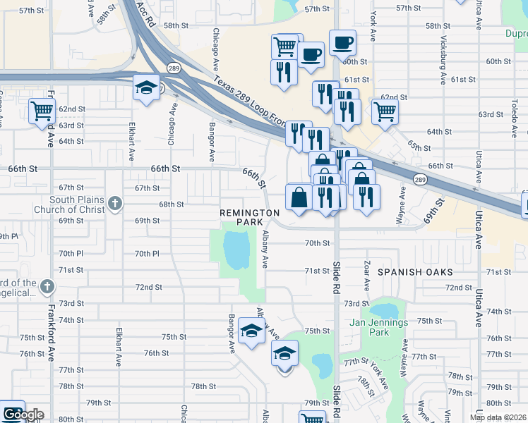 map of restaurants, bars, coffee shops, grocery stores, and more near 5301 68th Street in Lubbock