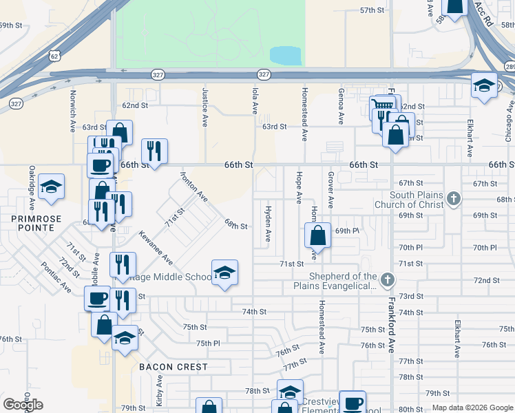 map of restaurants, bars, coffee shops, grocery stores, and more near 6030 68th Street in Lubbock