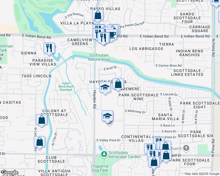 map of restaurants, bars, coffee shops, grocery stores, and more near 8050 East Redwing Road in Scottsdale