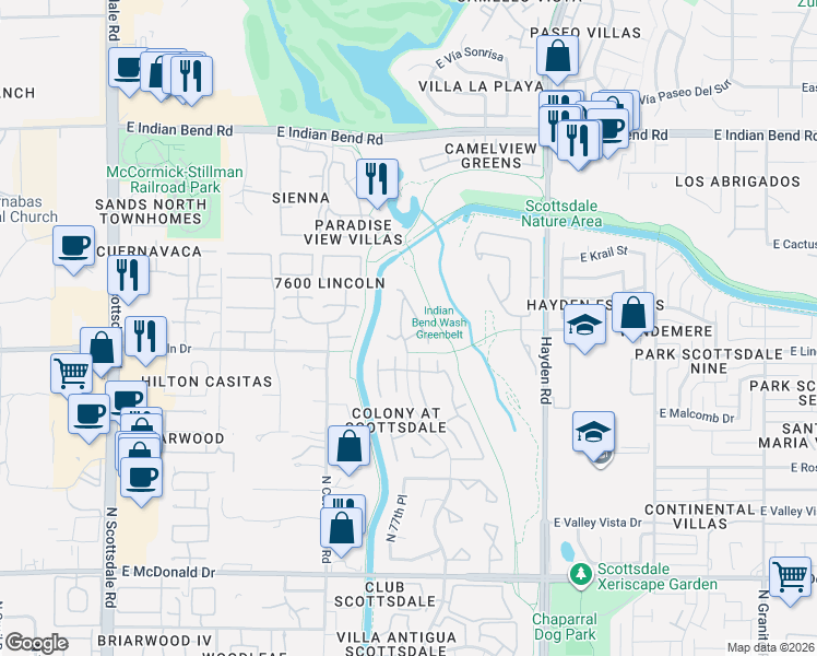 map of restaurants, bars, coffee shops, grocery stores, and more near 7800 East Lincoln Drive in Scottsdale