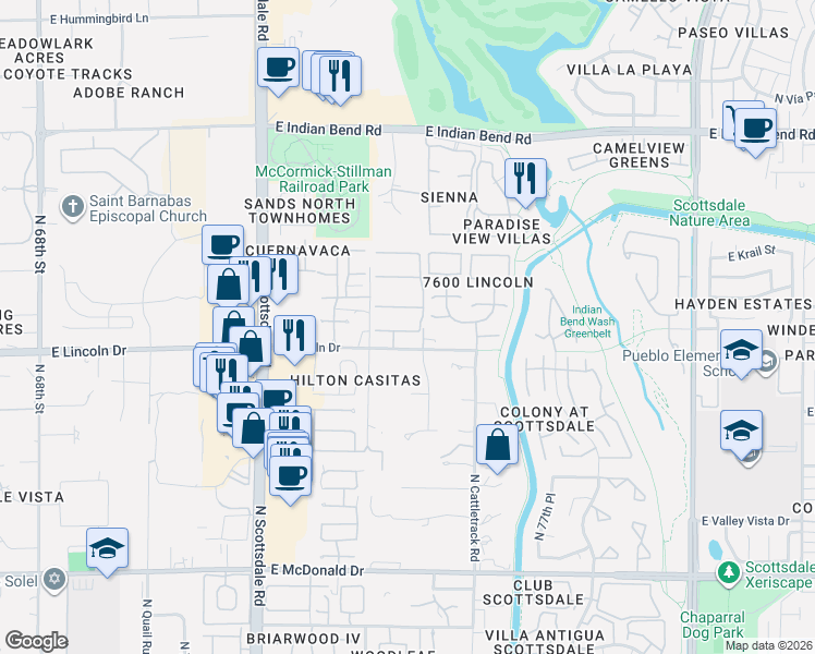 map of restaurants, bars, coffee shops, grocery stores, and more near 7461 East McLellan Lane in Scottsdale
