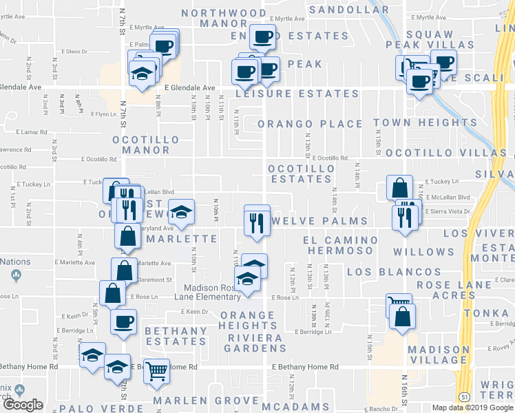 map of restaurants, bars, coffee shops, grocery stores, and more near 6541 North 12th Street in Phoenix