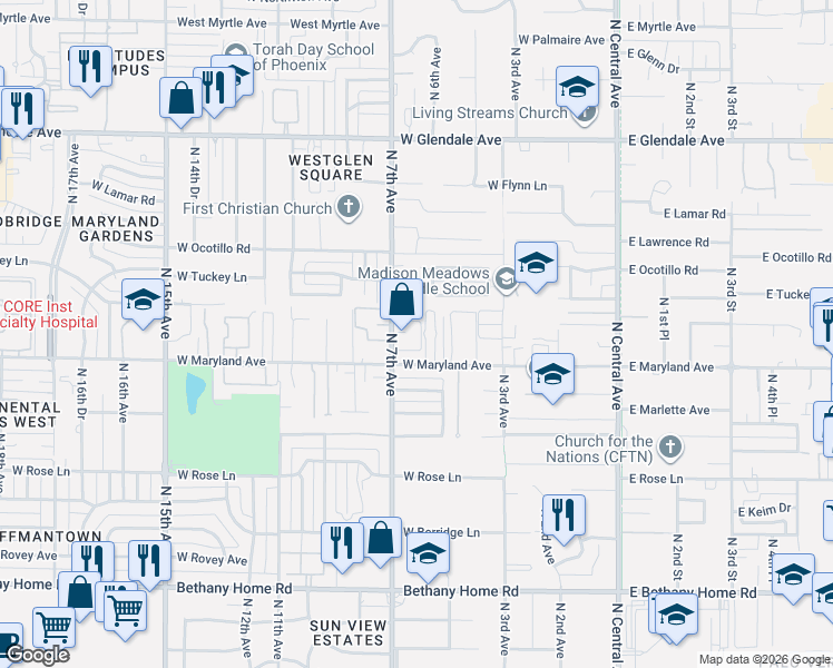 map of restaurants, bars, coffee shops, grocery stores, and more near 6533 North 7th Avenue in Phoenix