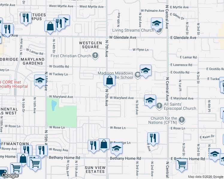 map of restaurants, bars, coffee shops, grocery stores, and more near 6533 North 7th Avenue in Phoenix
