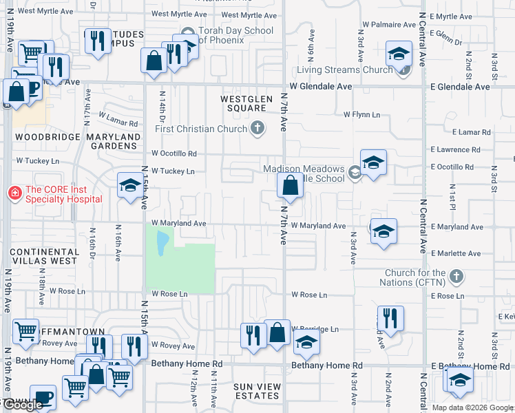 map of restaurants, bars, coffee shops, grocery stores, and more near 6533 North 10th Avenue in Phoenix