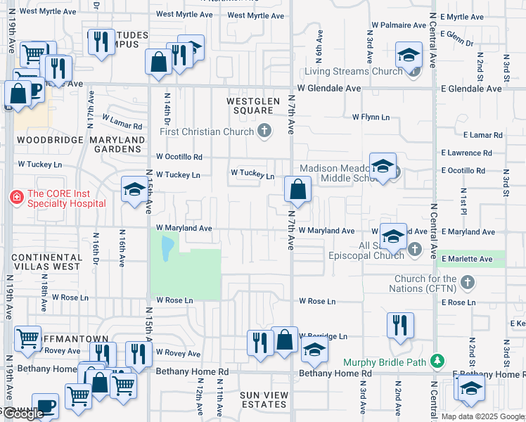 map of restaurants, bars, coffee shops, grocery stores, and more near 6533 North 10th Avenue in Phoenix