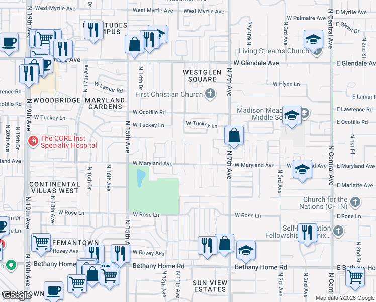 map of restaurants, bars, coffee shops, grocery stores, and more near 6535 North 11th Avenue in Phoenix