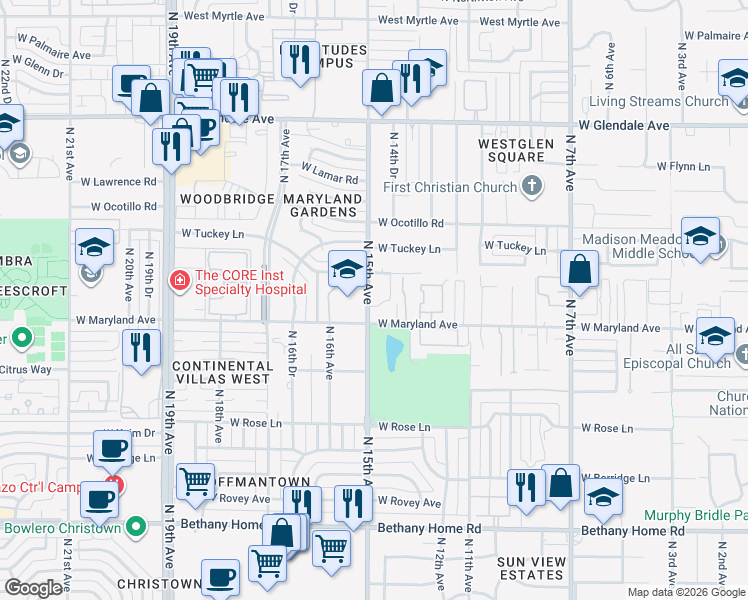map of restaurants, bars, coffee shops, grocery stores, and more near 6525 North 15th Avenue in Phoenix