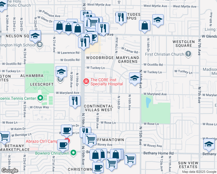 map of restaurants, bars, coffee shops, grocery stores, and more near 1802 West Maryland Avenue in Phoenix