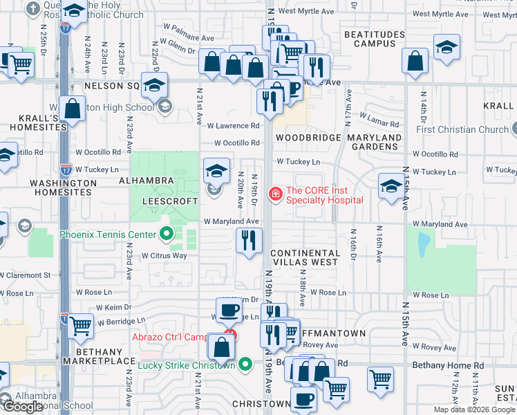 map of restaurants, bars, coffee shops, grocery stores, and more near 6533 North 20th Avenue in Phoenix