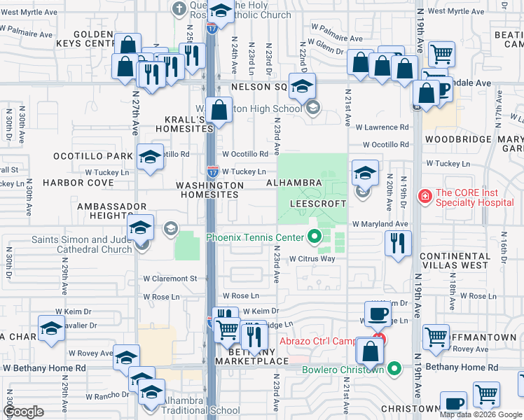 map of restaurants, bars, coffee shops, grocery stores, and more near 2310 West Sierra Vista Drive in Phoenix