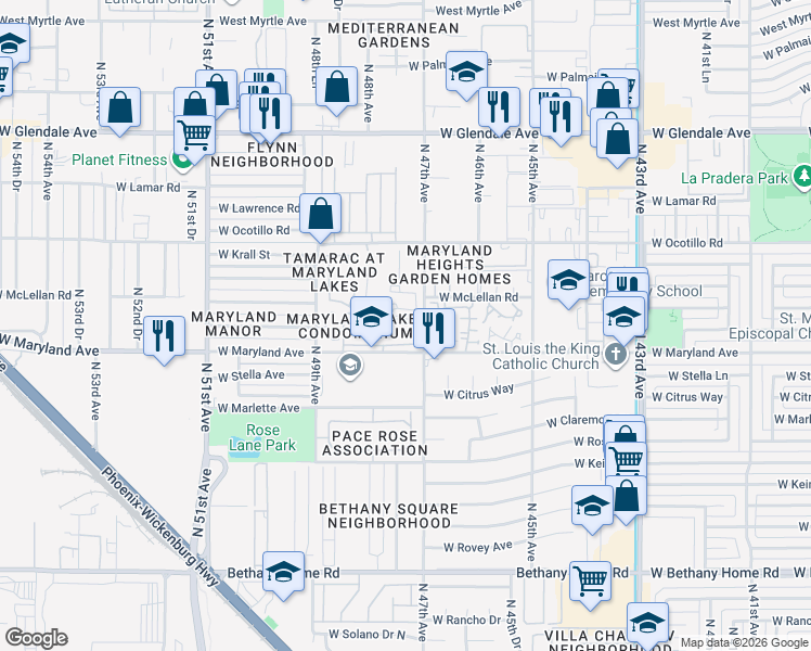 map of restaurants, bars, coffee shops, grocery stores, and more near 19 West Sierra Vista Drive in Glendale