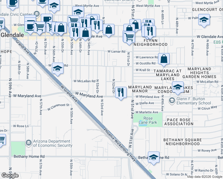 map of restaurants, bars, coffee shops, grocery stores, and more near 6534 North 52nd Drive in Glendale
