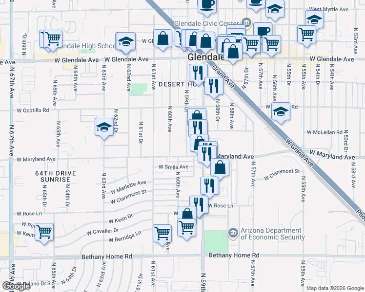 map of restaurants, bars, coffee shops, grocery stores, and more near 6532 North 59th Drive in Glendale