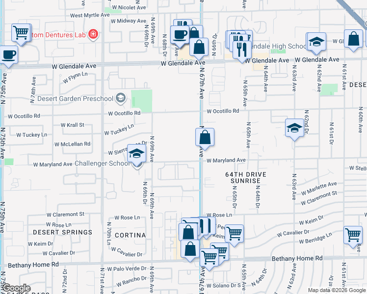map of restaurants, bars, coffee shops, grocery stores, and more near 6504 North 67th Avenue in Glendale