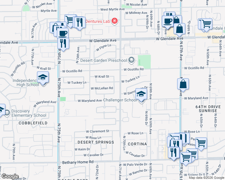 map of restaurants, bars, coffee shops, grocery stores, and more near 7130 West McLellan Road in Glendale