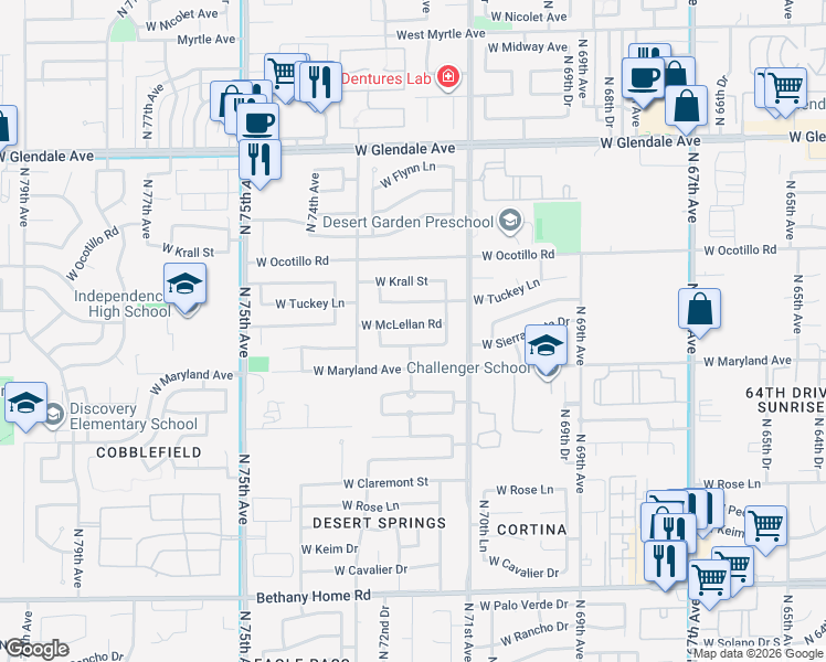 map of restaurants, bars, coffee shops, grocery stores, and more near 7130 West McLellan Road in Glendale