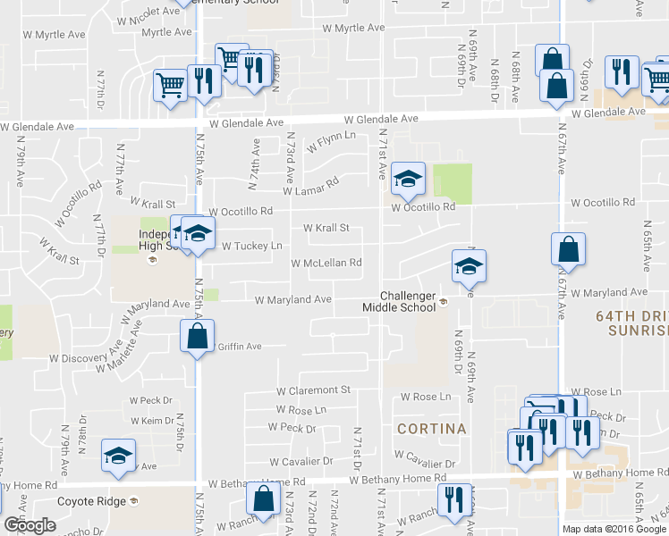 map of restaurants, bars, coffee shops, grocery stores, and more near 7130 West McLellan Road in Glendale