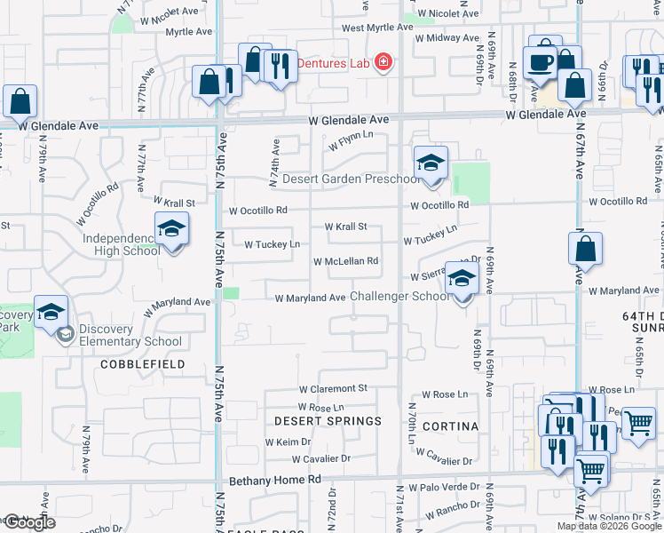 map of restaurants, bars, coffee shops, grocery stores, and more near 7222 West McLellan Road in Glendale