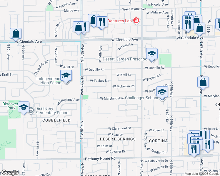 map of restaurants, bars, coffee shops, grocery stores, and more near 6548 North 73rd Avenue in Glendale